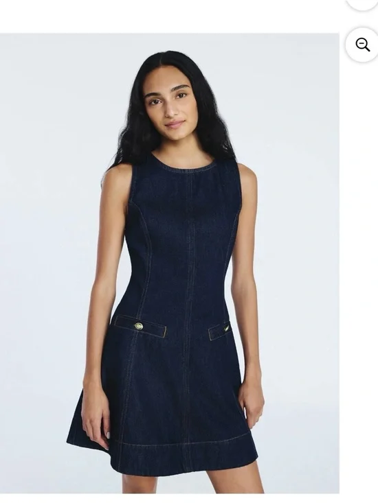 Sleeveless Dark Indigo Denim Mini Dress with Button Pocket Detail - Picture 2 of 6